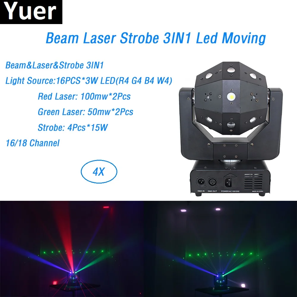 

4Pcs/Lot 16X3W LED Moving Head Lights Beam Strobe Laser 3IN1 120W LED Dj Effect Lights 110-220V For Stage Party Disco Shows