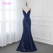 YQLNNE темно синие Длинные Выпускные платья блёстки рукавов Формальные вечернее платье спинки