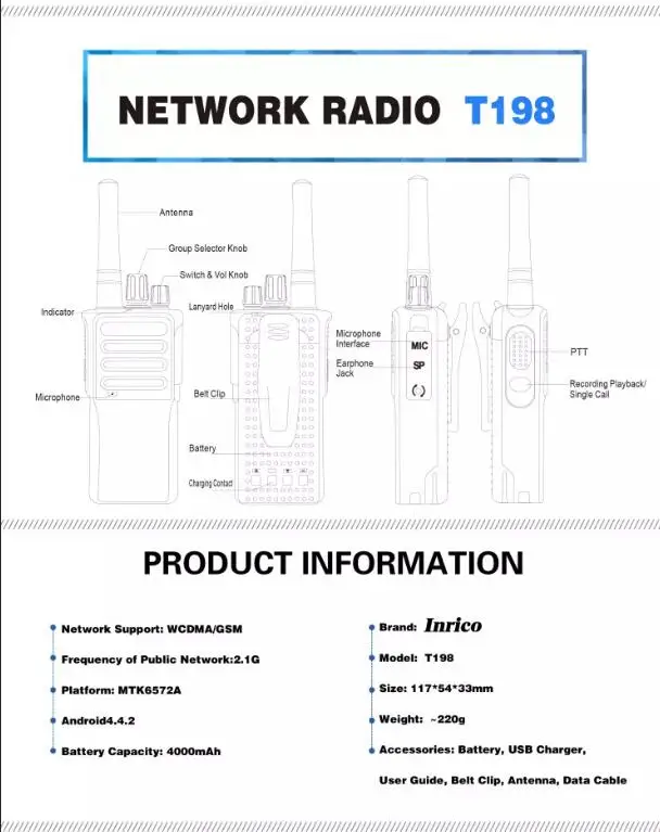 2019 новый wifi/3g/GSM/WCDMA рация T198 sim-карта рация двухсторонняя радио google карта bluetooth двухстороннее радио