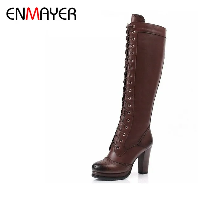 ENMAYER Genou,Haute à Lacets Bout Rond Haute Talons Croix,Attaché Moto Bottes Talons