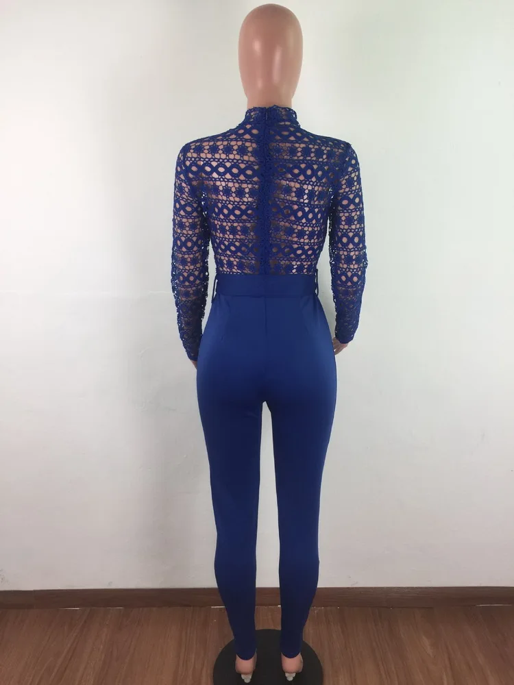 Wendywu сексуальный женский с круглым вырезом длинный рукав кружева Bodycon повседневный комбинезон элегантный синий цельный прямой вечерние Jumpuit комбинезон