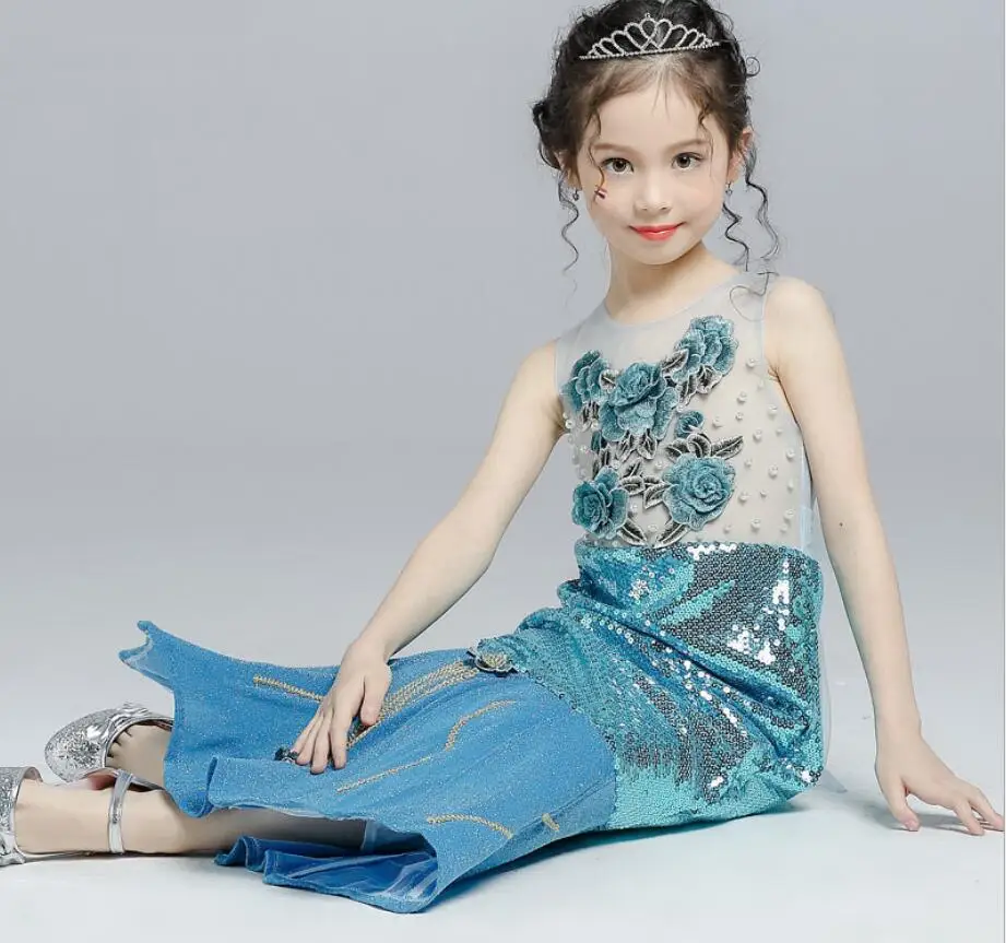 

Princess Girls Dress 2019 New Sexy Lace Dresses Paillette Lace Up Children's Party Clothing Blue Dress HW2048