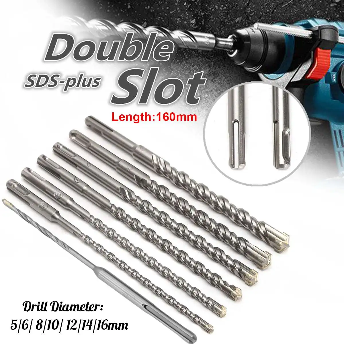

160mm Concrete Drill Bit Double SDS Plus Slot Masonry Hammer Head Tool 5-16mm High Speed White Steel Wrench For Electric Drills