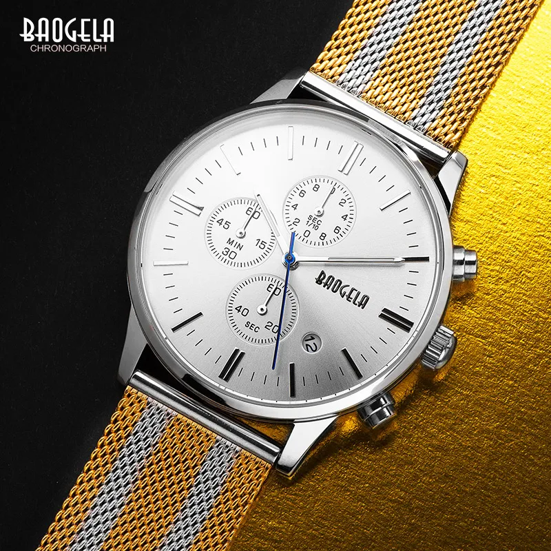 BAOGELA сетка Группа Сталь наручные часы для Для мужчин Chronograph Classic секундомер