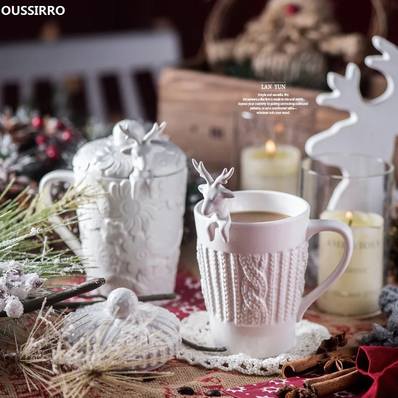 

OUSSIRRO 400ML White Christmas Ceramic Coffee Mug Emboss Elk Creative Cartoon Milk Breakfast Cup Christmas Gift