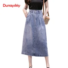 Лето, Женская длинная джинсовая юбка, Femme, повседневная, свободная, с высокой талией, джинсовые юбки для женщин, винтажные, синие, с карманами, с разрезом