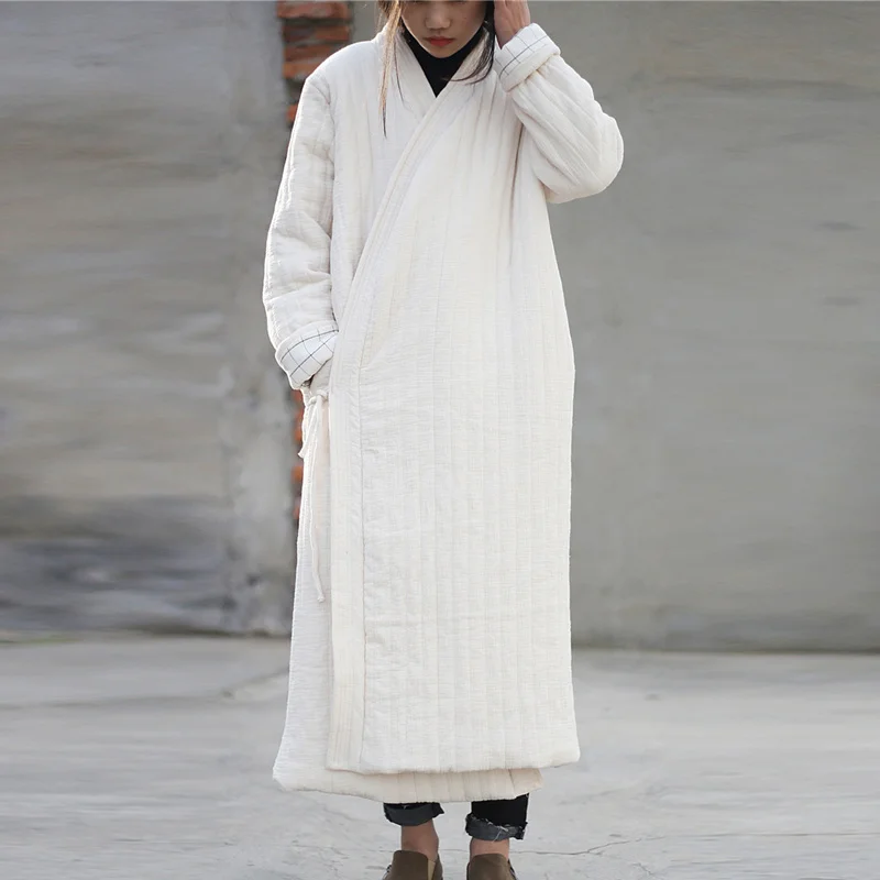 

Johnature Women Cotton Linen Parkas Coats 2019 Winter New Vintage Loose Lace Up Solid Color Large Size Plus Cotton Long Coats