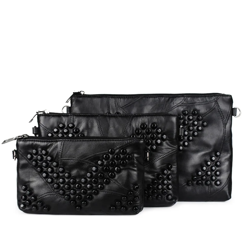 Роскошные черные женские сумки-мессенджеры из натуральной кожи, маленькая сумка через плечо из овчины с заклепками, модные клатчи, женские сумочки