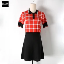 2018 New Office Lady Basic Sweater Dresses Women Short Sleeve Plaid Knitted Slim Casual Dress Spring Summer Knitwear Vestidos