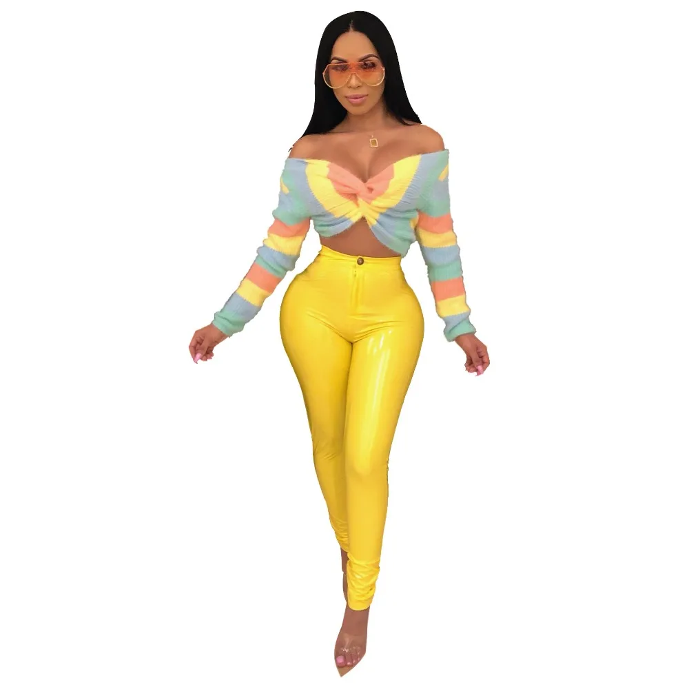 

2019 New Yellow Sexy High Waist Women Pants Warm Thickening Pu Faux Leather Skinny Pencil Pants For Women Clubwear