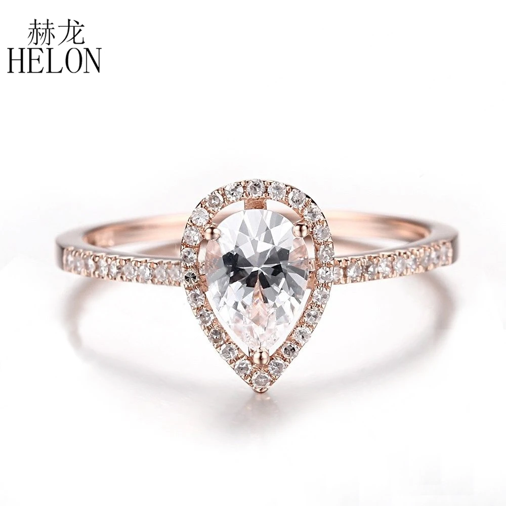 

HELON Solid 14K Rose Gold 7x5mm Pear cut Genuine White Topaz Ring Natural Diamond Engagement Wedding Ring for Women Fine Jewelry