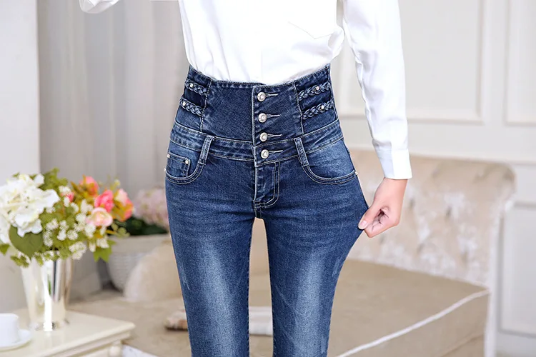 2018 Весна темно мыть тощий джинсы женские синие высокая посадка на пуговице Fly повседневные для женщин плотная длинные узкие брюки плюс