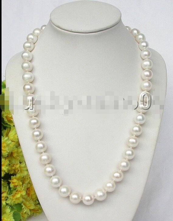 

25.5" 11mm natural white round freshwater pearls necklace 925 silver clasp e1376