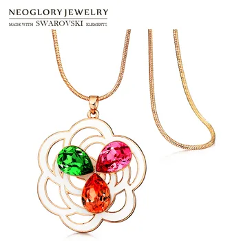 

Neoglory Crystal & Enamel Colorful Long Pendant Charm Necklace Trendy Flower Design Embellished With Crystals From Swarovski