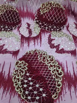 

Wine+Gold African Lace Fabric 2018 High Quality African Tulle Lace Fabric With nice Velvet French Stone Lace For Women Dress H6