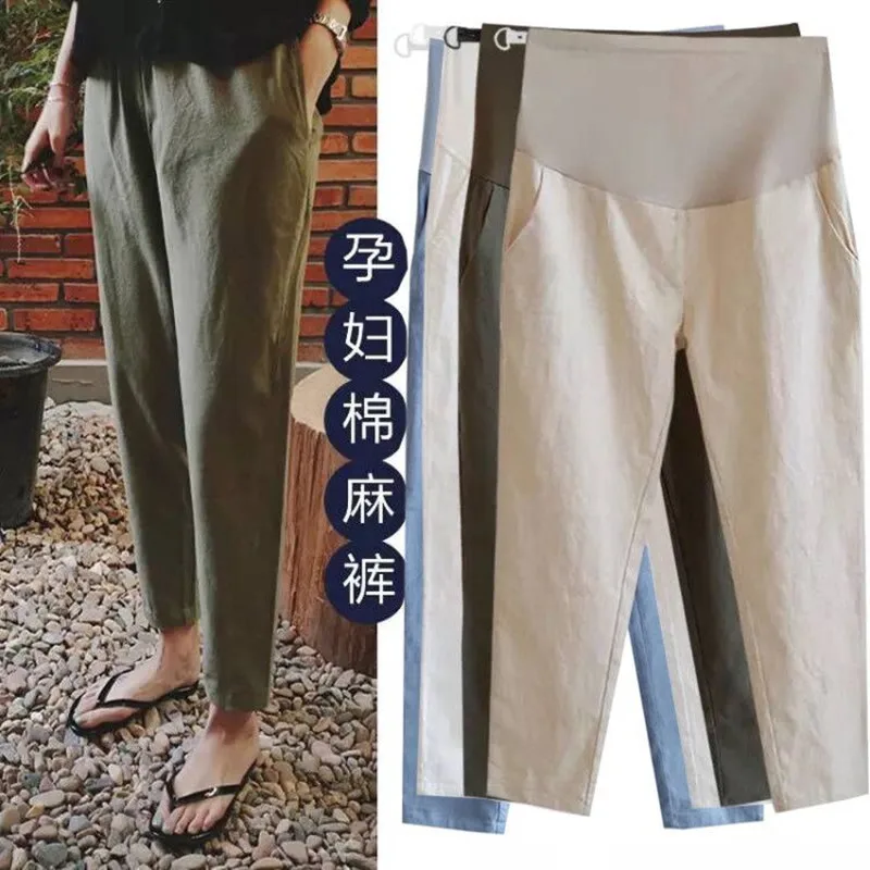 

958# Spring Summer Casual Thin Linen Maternity Pants Straight High Waist Belly Pants Clothes for Pregnant Women Loose Pregnancy