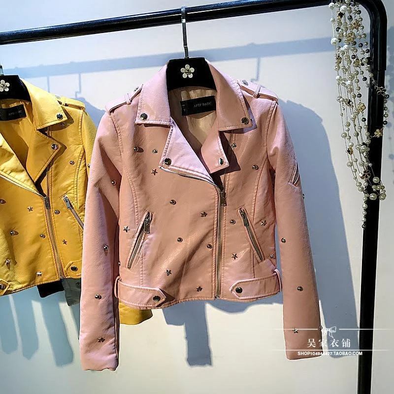 Primavera Locomotora Nuevas Pu De Otoño Cuero Cielo Y Solapa rosado Mujeres Negro Cremallera Chaqueta azul Delgada rwFXrEzq