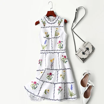 

New end high quality embroidered flowers small fragrance high waist waist waistcoat A shaped dress