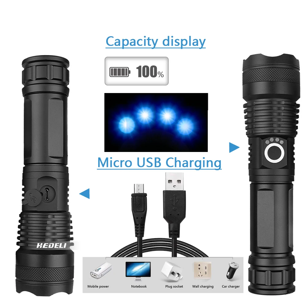 Super-Bright 90000LM XHP50 LED Tactical Flashlight Torch USB Rechargeable Light