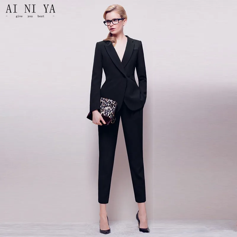 135-1 Jacket+Pants Womens Business Suit Black Long Sleeves Female Office Uniform Ladies Formal Trouser 2 Piece Sets Double Breasted