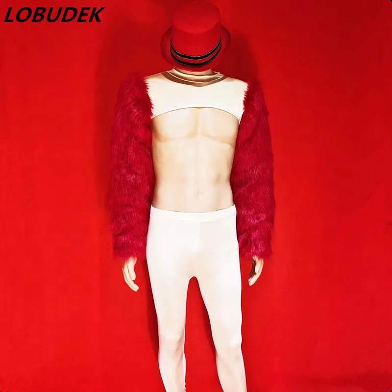 

Red Fur Top White Leotard Pants Men Suit Nightclub Party Pole Dance Costume Bar Magician Performance Clothing Catwalk Stage Wear