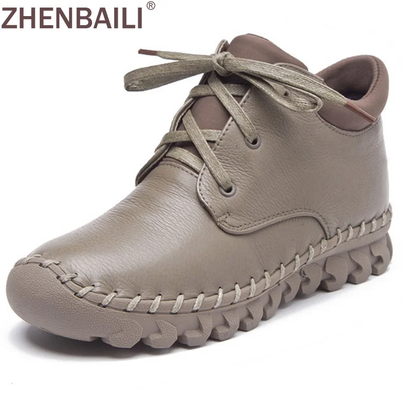 

Spring Autumn Fashion High Top Shoes 2017 Fashion Genuine Leather Ankle Boots Lace Up Soft Flat Shoes Women Sewing Short Boots