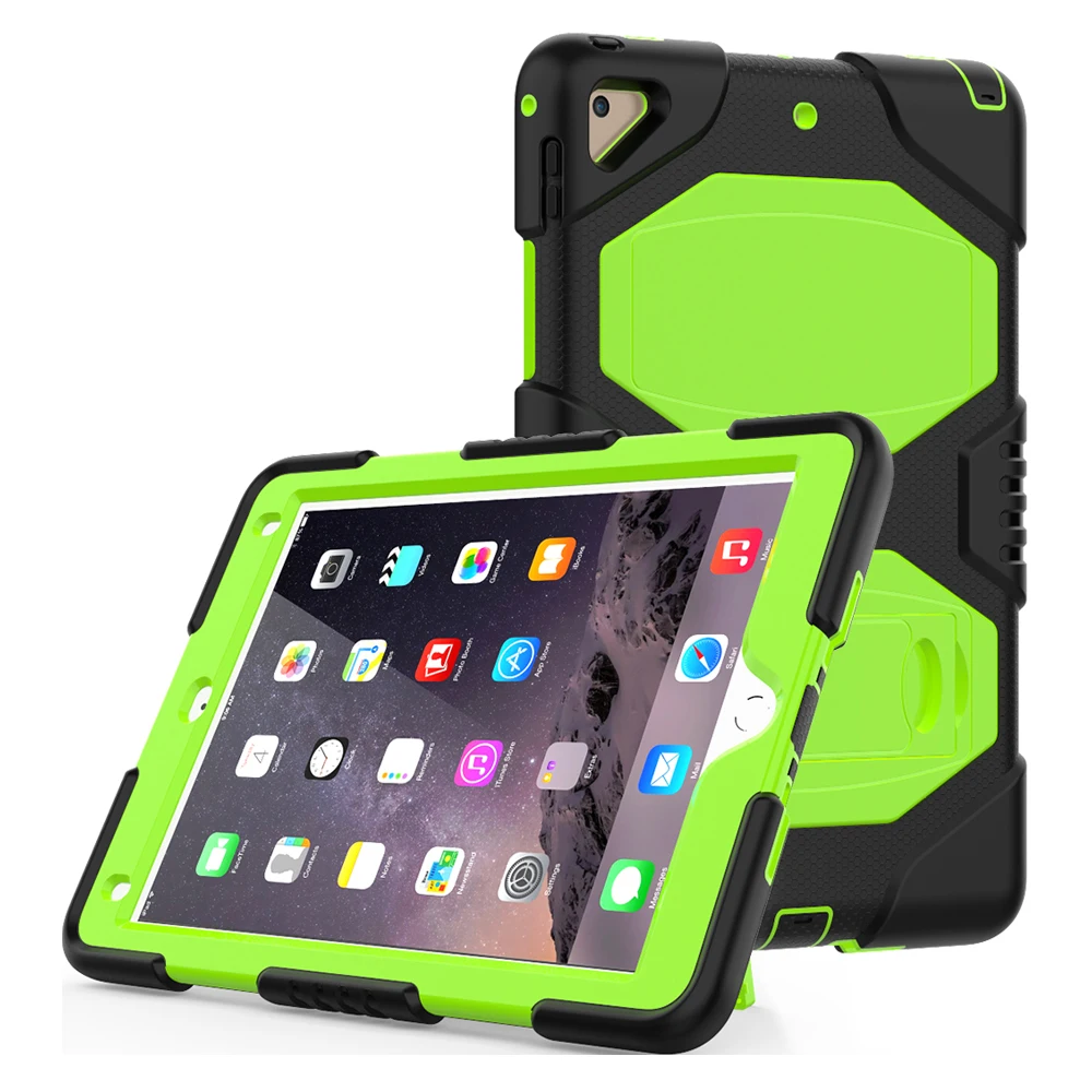 

Case For iPad Air 2 Three Layers Heavy Duty Soft Silicone Hard Bumper Kickstand Shockproof Protective Case Shoulder Strap