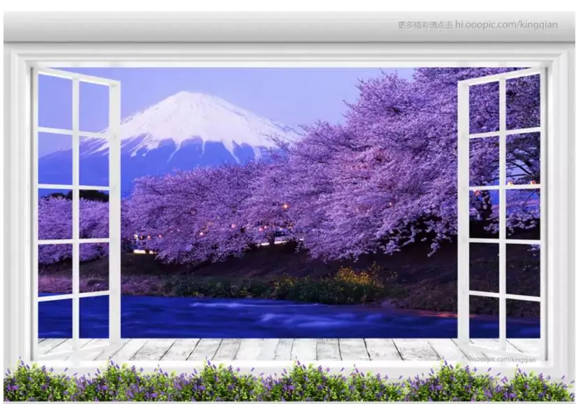 

Floor-to-ceiling window Mt. Fuji cherry blossom landscape 3d background wall