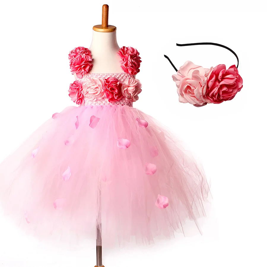 Girl Pink Flower Princess Tutu Dress with Hair Hoop Children Fancy Wedding (13)