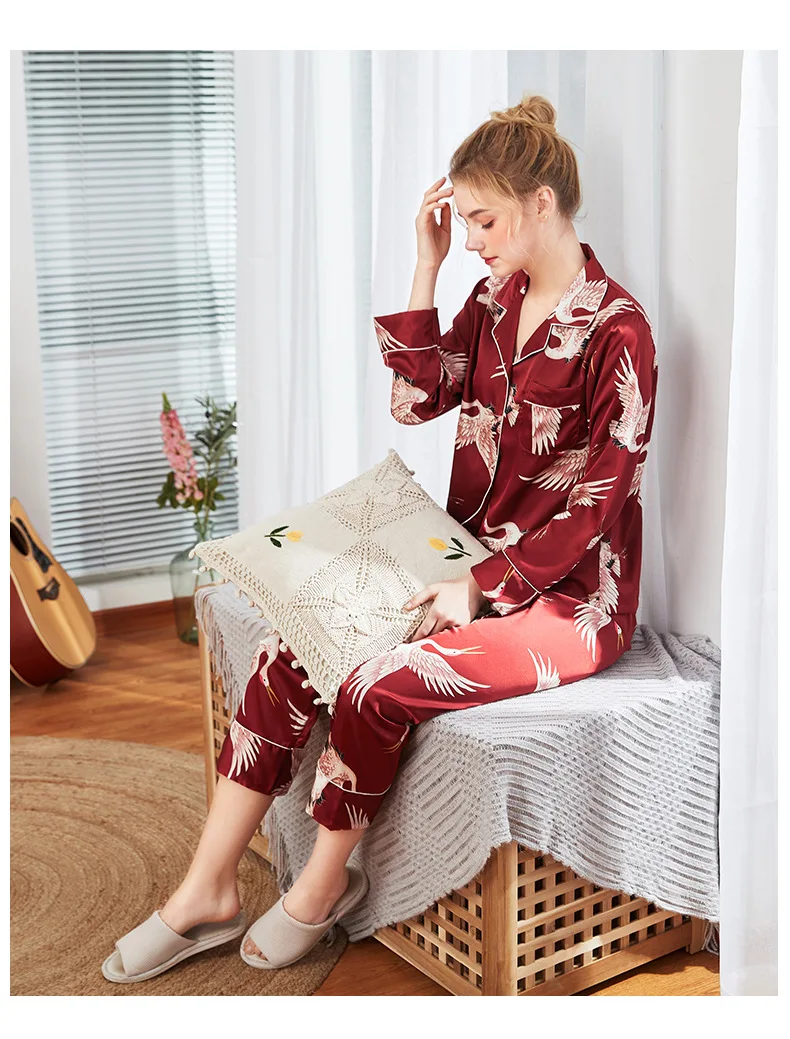 Женские пижамные комплекты со штанами, атласная пижама, шелковая пижама, свободная пижама из двух частей с длинным рукавом и цветочным принтом, одежда для сна