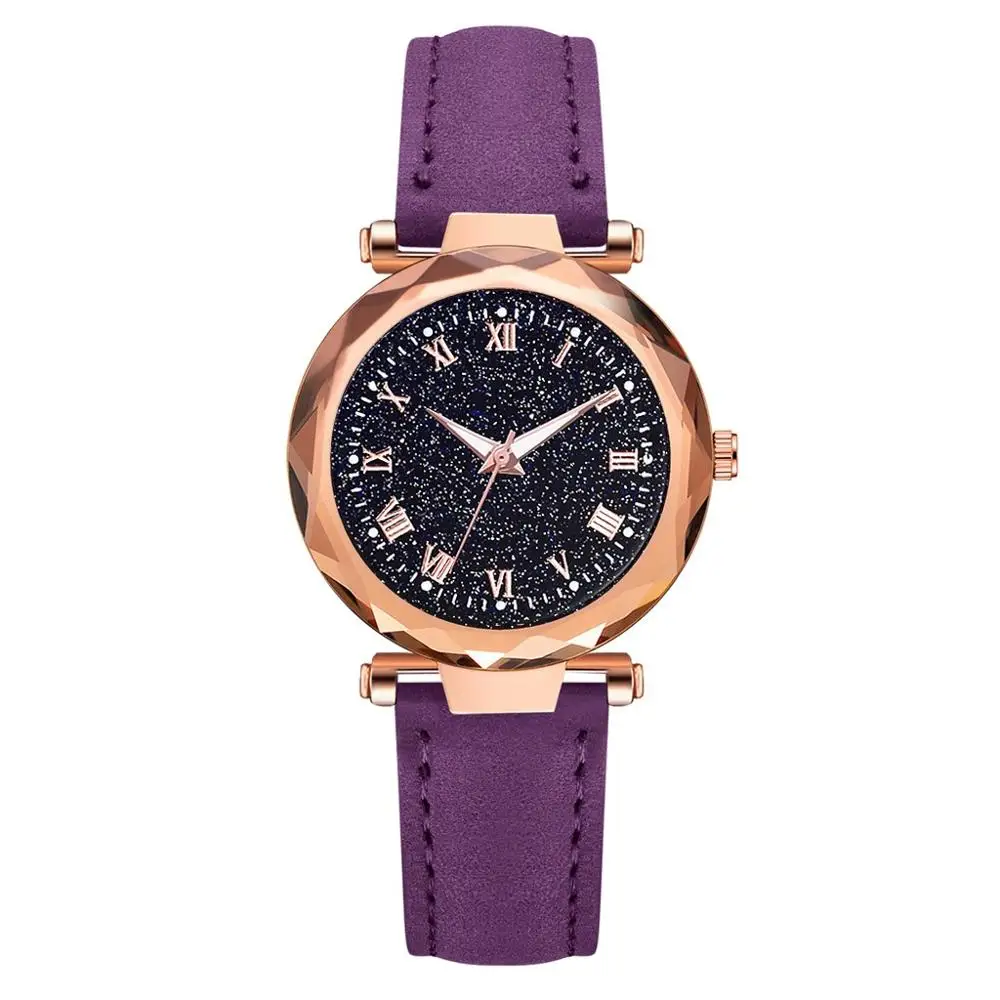 Модные женские часы с кожаным ремешком, роскошные часы, женские нарядные часы-браслет, модные Аналоговые кварцевые наручные часы с бриллиантами - Цвет: Фиолетовый