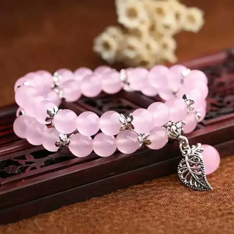 

Natural Blue Rose Chalcedony Crystal Bracelets Round Beads Lucky Tibetan Silver Leaf Multilayer Jewelry Lovers Crystal Bracelet