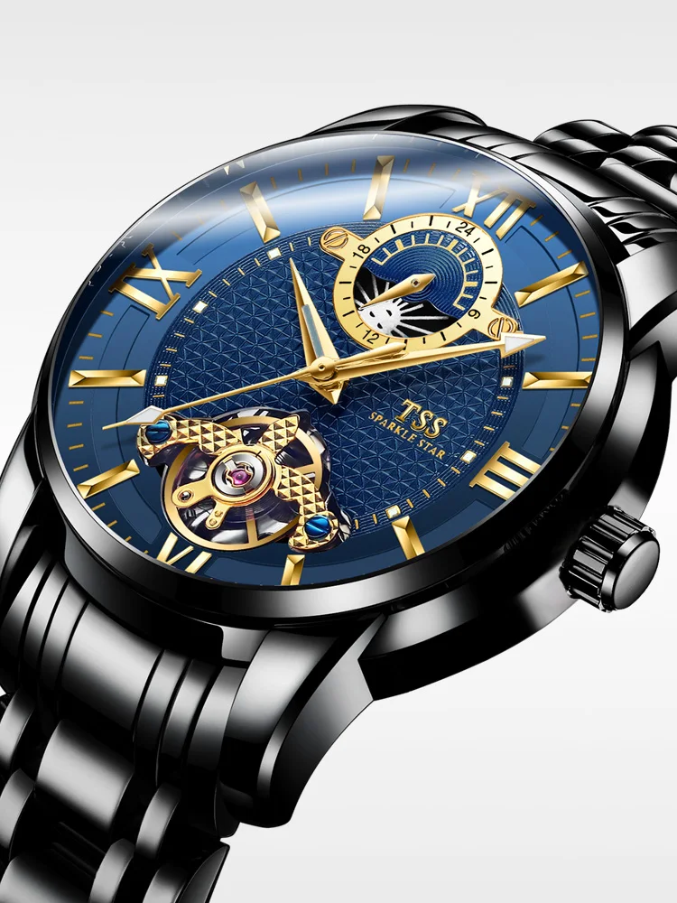 TSS T6019 الهيكل العظمي توربيون القمر المرحلة حقيقية الميكانيكية ووتش التلقائي جوفاء ساعة رجالي الاتجاه الترفيه للماء مضيئة TSS T6019 الهيكل العظمي توربيون القمر المرحلة حقيقية الميكانيكية ووتش التلقائي جوفاء ساعة رجالي الاتجاه الترفيه للماء مضيئة