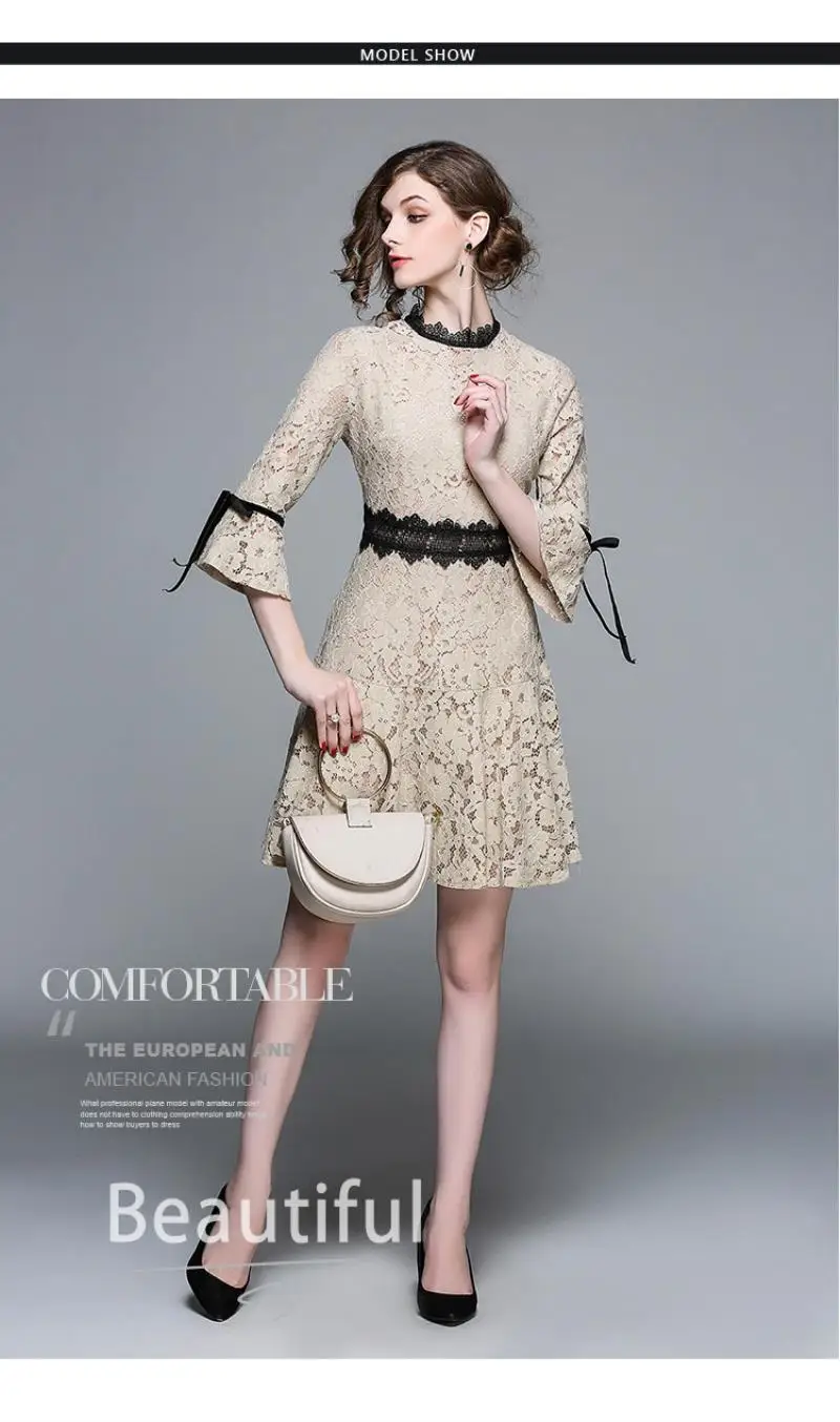 HIGH QUALITY New Fashion 2018 Runway Dress Women's Flare Sleeve Hollow out lace fishtail dress Lady Skirt Midi Dress