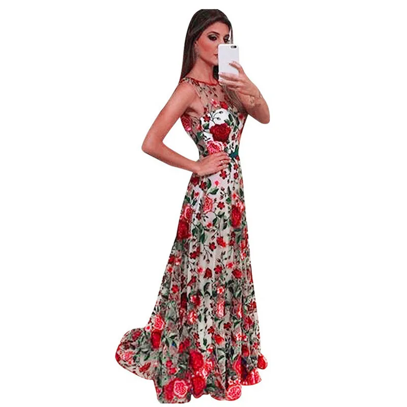 

Spring Women Ladies Long Formal Embroidery Dress Party Ball Gown Flower Lace Dress Elegant Maxi Dress