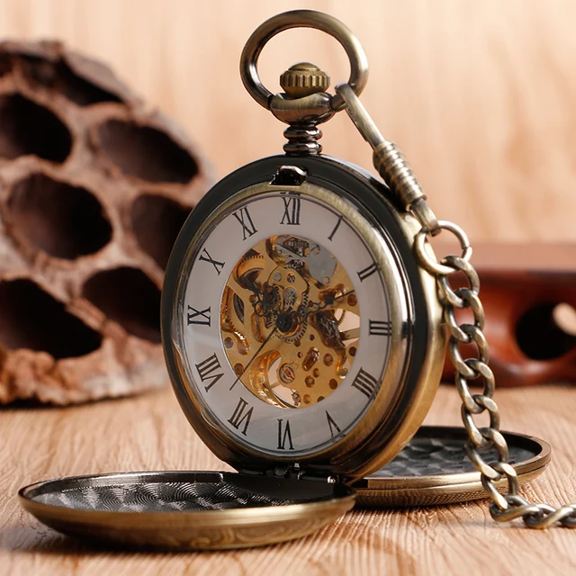 Retro Bronze Hollow Case Double Full Hunter Design Roman Number Skeleton Mechani Retro Bronze Hollow Case Double Full Hunter Design Roman Number Skeleton Mechani