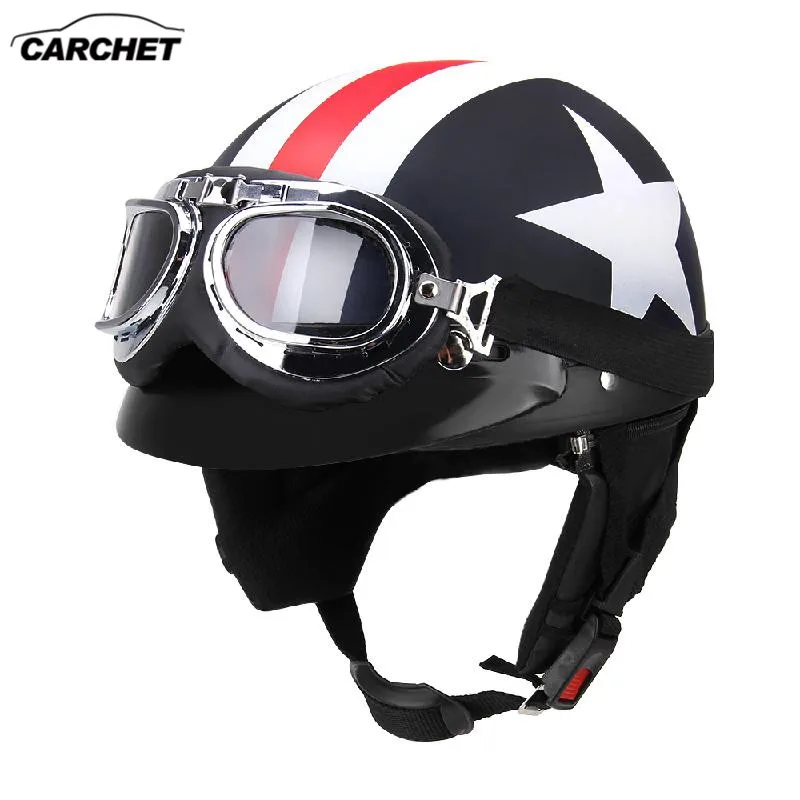 CARCHET Unisex Motorcycle Helmets with Goggles Half Open Face Strip Stars Helmet Retro Vintage 54-60cm Universal Cool Man Helmet