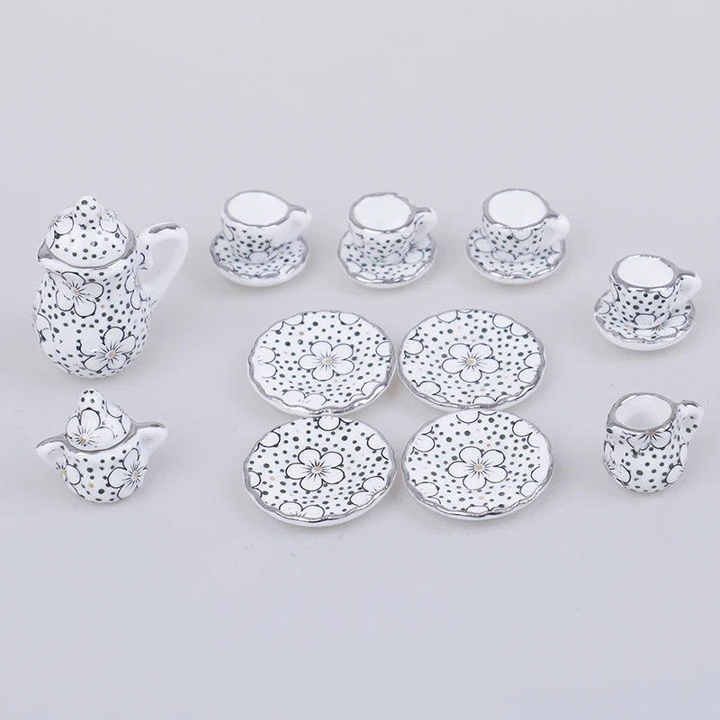 

4 Patterns Flower Tableware Kitchen Dollhouse Furniture Toys For Children 1:12 Miniature 15Pcs Porcelain Tea Cup Set