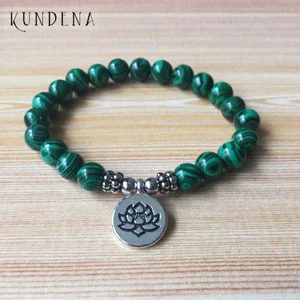 Для мужчин и Для женщин мала лотоса Талисманы браслет буддийский Йога запястье зеленый камень Малахит браслет из бисера - Окраска металла: Silver Lotus