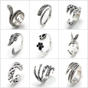 

12pcs 16-21mm Alloy Finger Rings Wide Band Rings Snake Crocodile Claw Hand Skull Rabbit Halloween Party Jewelry