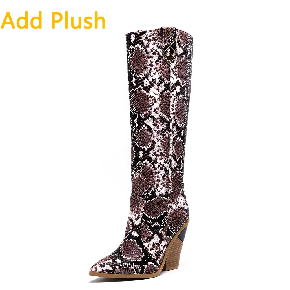 purple snake add fur Модные высококачественные сапоги до колена с острым носком размера плюс 46; женская обувь; фиолетовые сапоги на высоком каблуке из змеиной кожи; женская обувь - Цвет: purple snake add fur