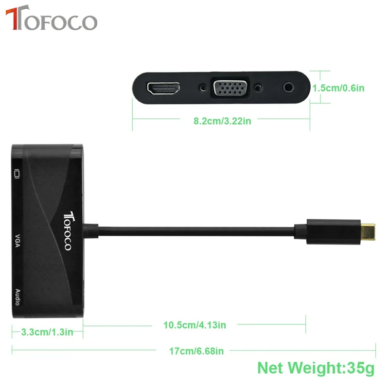 TOFOCO 3 в 1 USB C type C к HDMI VGA 3,5 мм аудио адаптер USB 3,1 USB-C конвертер кабель для ноутбука Macbook телефон