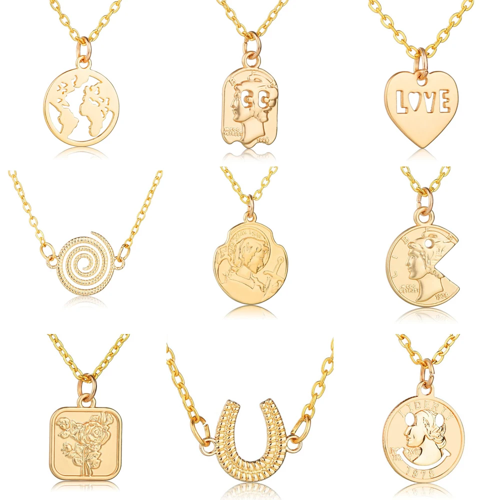 

Vanmos Simple Carved Coins Pendant Necklace Heart Rose Face Pattern Necklace Statement Vintage Fashion Clavicle Chain Jewelry