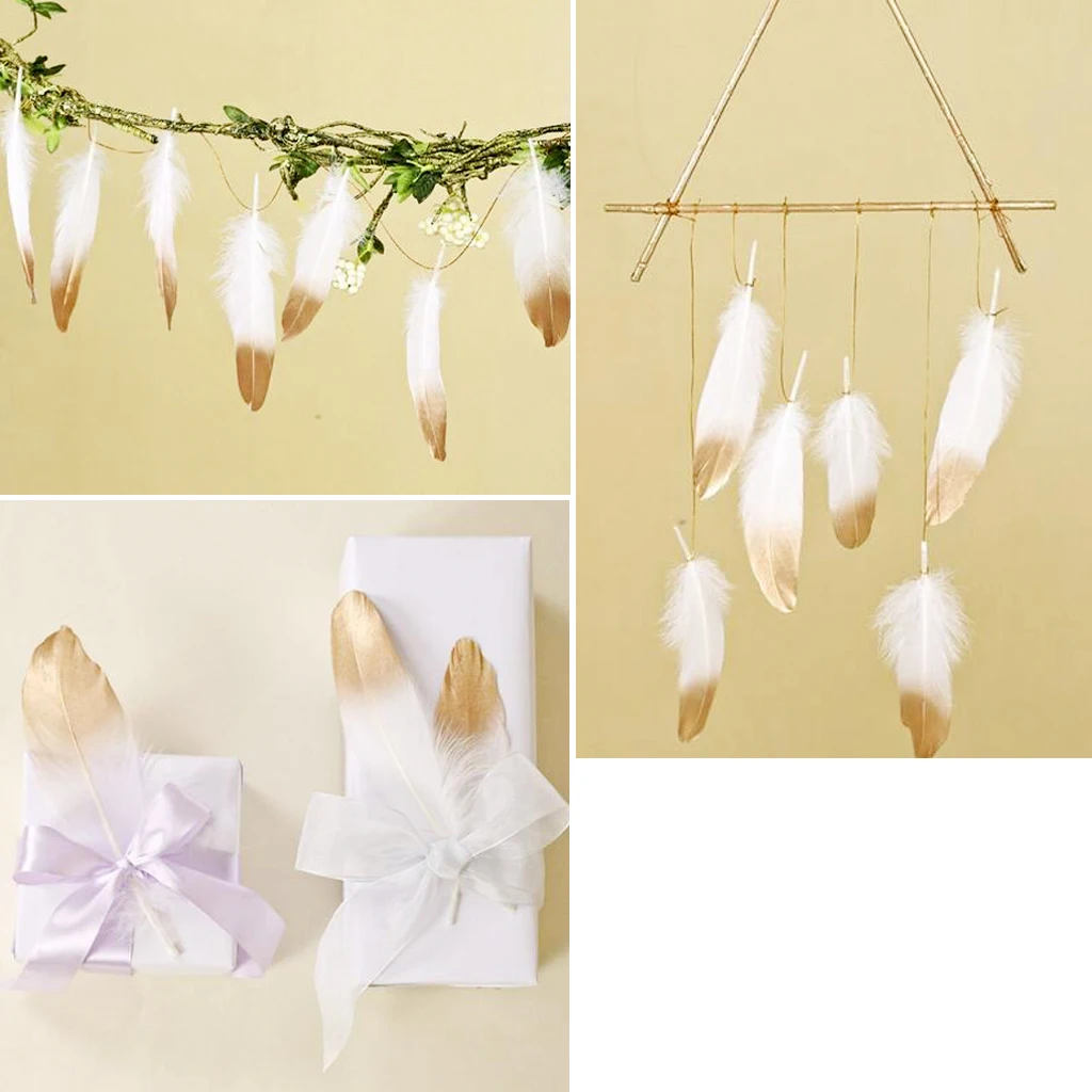 fityle 24pcs Natural Goose Feather for DIY Crafts Hat Making Paty Decoration 15-20cm White and Gold