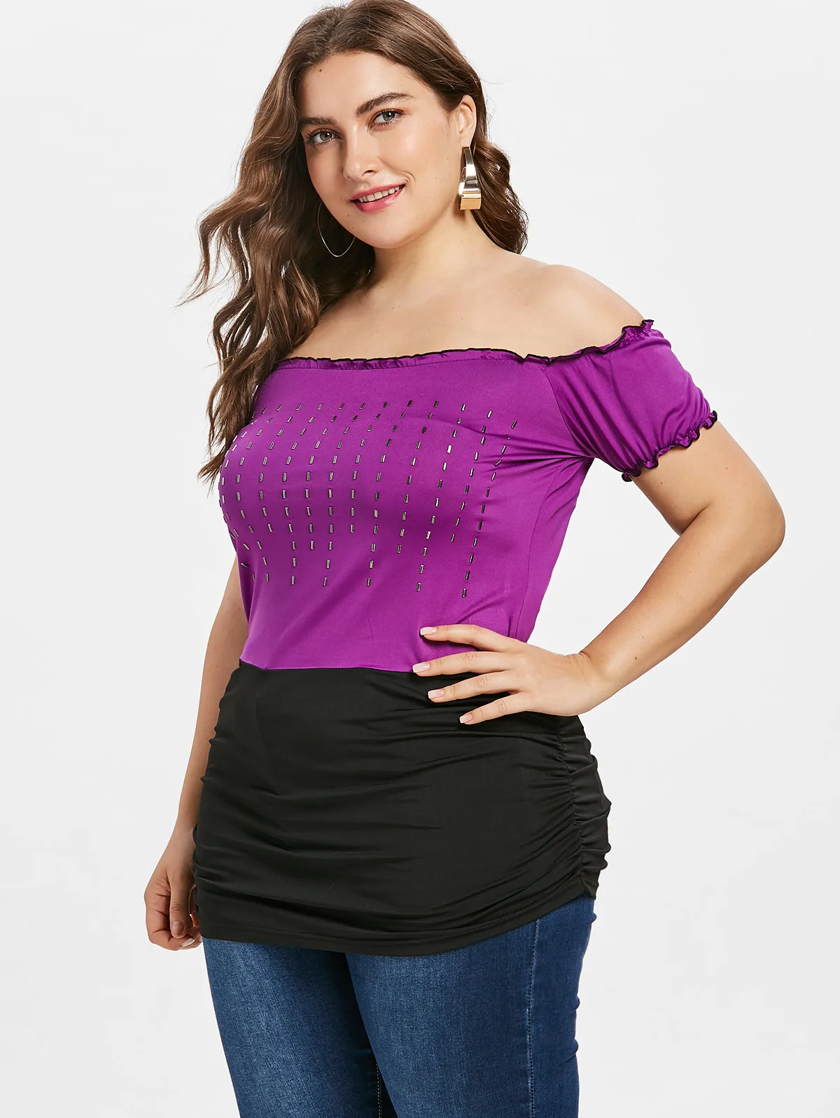 2018 Plus Size Off The Shoulder T Shirt Summer Women Rivet Short Sleeve