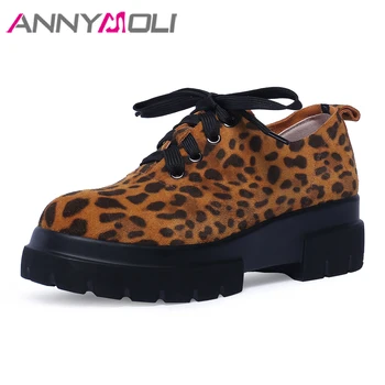 

ANNYMOLI High Heels Women Shoes Leopard Platform Wedge High Heels Shoes Casual Lace Up Round Toe Shoes Female Apricot Size 4-10