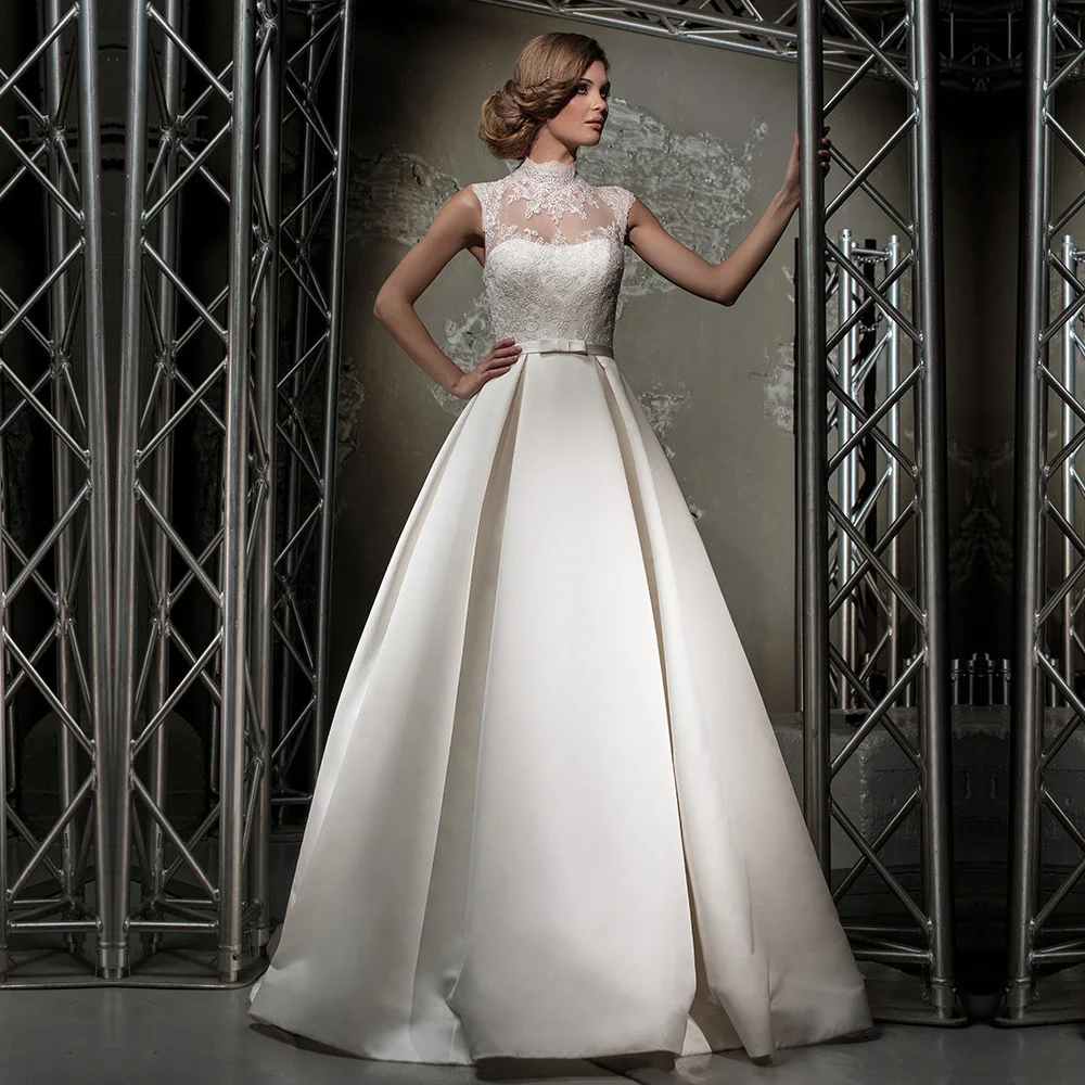 Vestido Де Noiva 2017 Сшитое Белый/Слоновая Кость Атласные Аппликации Бисероплетение Sash