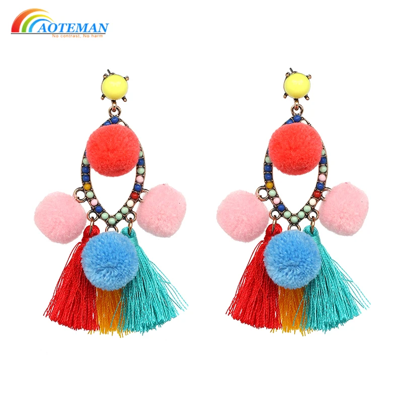 Fashion Multicolor Cotton Ball Tassel Drop Earrings Wedding Boho