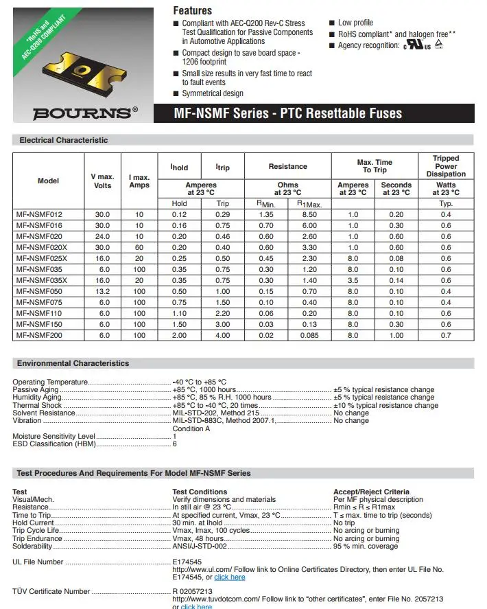 100 шт х MF-NSMF серии PTC 0.12A 0.16A 0.25A 0.35A 0.5A 1.5A 2A 6 V 19 V 24 V 30 V 1206 SMD сбрасываемый предохранитель для Bourns резистор