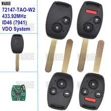 HR-V WALKLEE 72147-TAO-W2 Remoto Chave para Honda Accord Civic CR-V Fit Odyssey Introspecção Jazz Cidade 5WK49309 433.92 MHz